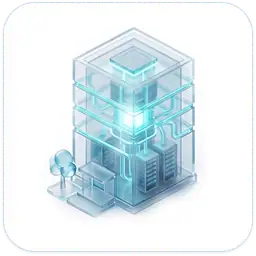 A transparent, futuristic building with glowing blue highlights, visible interior circuits, two small trees, and a modern entrance, all set against a white background.