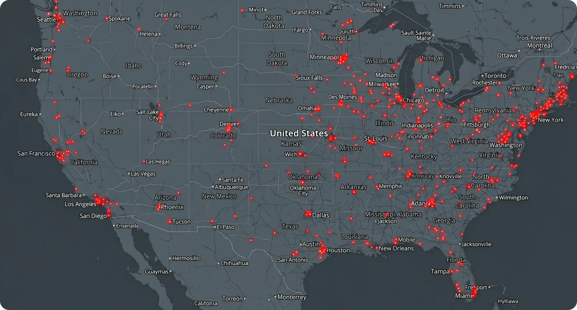 A dark map of the United States shows red dots scattered mostly across the eastern half, Midwest, and South, with fewer dots in the West, representing the distribution of specific locations or events.
