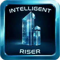 A blue square icon with two glass-like skyscrapers and the words "Intelligent Riser" above and below the buildings, all set against a dark background.