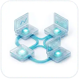 A digital illustration of four transparent computer nodes connected by blue cables, each with a screen displaying data graphs, representing a network or blockchain system.