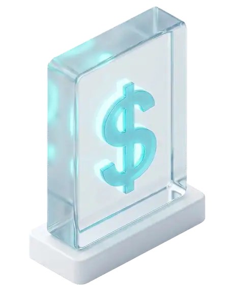A translucent acrylic block featuring a glowing blue dollar sign, standing upright on a white rectangular base, symbolizing finance or monetary value.