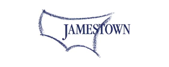 Blue text "JAMESTOWN" over a rough blue sketch of a fort outline on a light background.
