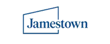 Jamestown logo with the word "Jamestown" in blue serif font, partially enclosed by an abstract blue geometric outline on a light gray background.