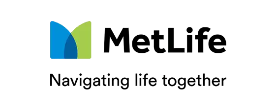 MetLife logo with blue and green shapes forming an abstract "M," followed by the text "MetLife" and the tagline "Navigating life together" beneath it.