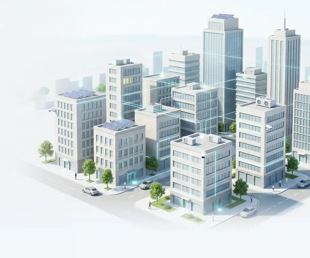 Modern cityscape with mid-rise office and apartment buildings, some with solar panels on rooftops. Streets are clean, with trees and minimal traffic. Tall skyscrapers are visible in the background under a clear sky.