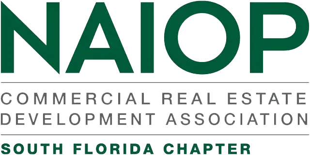 Logo for NAIOP, Commercial Real Estate Development Association, South Florida Chapter. Green and gray text on a white background.