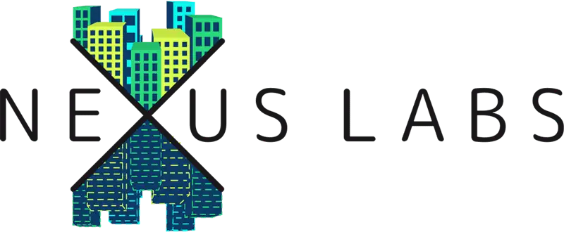 Logo for Nexus Labs with skyscrapers above and below the large "X" in "NEXUS," and stylized letters extending to spell "NEXUS LABS." The buildings are green and blue, some upright, some reflected.