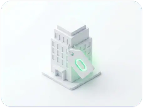A white 3D building model with a price tag showing a green zero, symbolizing zero cost or free services.