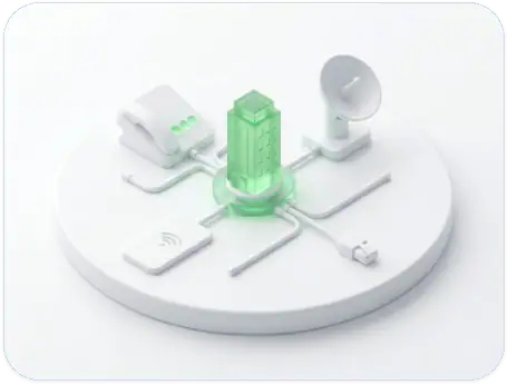 A green building model connects to a phone, satellite dish, Wi-Fi router, and power plug on a white circular platform, symbolizing digital connectivity.
