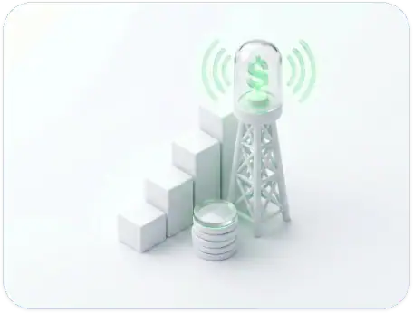 A 3D illustration of a tower emitting signals with a dollar sign inside a glass dome, next to stacked coins and ascending blocks representing financial growth or wireless money transfer.