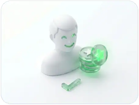 A white 3D figure with green eyes and a smile stands beside three stacked coins with a green star. A green checkmark lies in front of the figure.