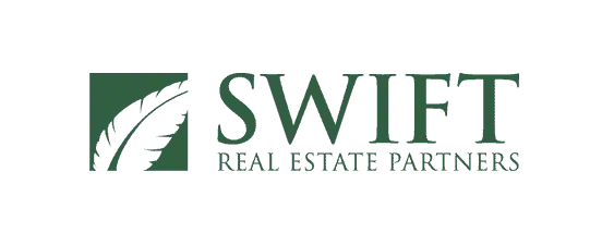 Green logo with a feather in a square on the left and the words "SWIFT REAL ESTATE PARTNERS" in capital letters on the right, all on a light gray background.