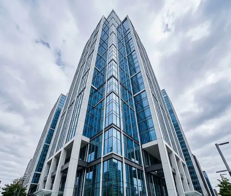 Tall glass office building photographed from a low angle against a cloudy sky, with reflections in its windows and surrounding modern buildings visible on either side.