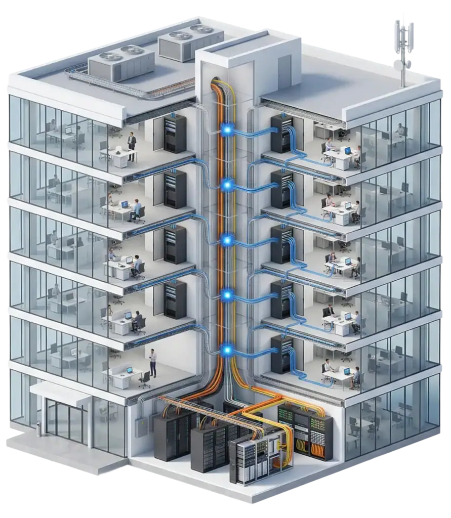 Cutaway of a multi-story office building showing network cables and servers connecting each floor’s offices, illustrating data infrastructure, with people working at desks and equipment visible on all levels.