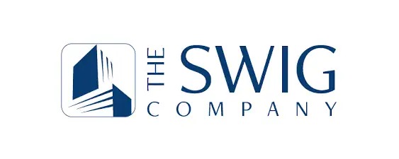 The Swig Company logo with stylized blue building design on the left and "THE SWIG COMPANY" in blue capital letters on the right.