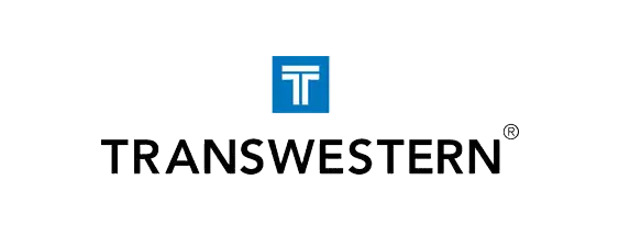 Transwestern logo with a blue square containing a stylized white "T" above the word "TRANSWESTERN" in bold black capital letters on a light background.